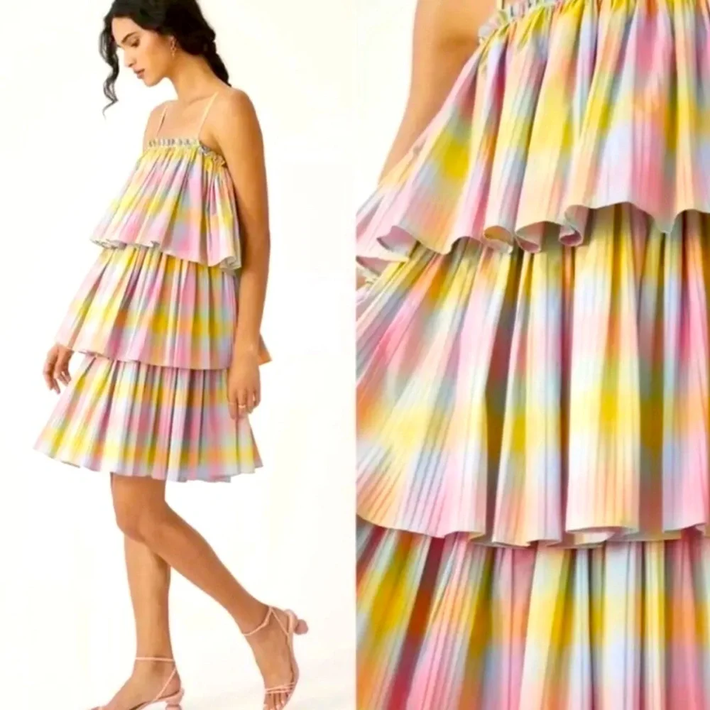 NWT Beatrice B Rainbow Fusion Pleated Square Neck Tiered Dress 4 - Picture 2 of 8